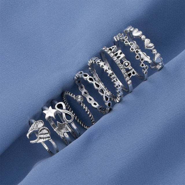 Bohemian Geometric Joint Ring Set for Women Punk Butterfly Flower Chain Finger Ring Set Fashion Gothic Jewelry Gift