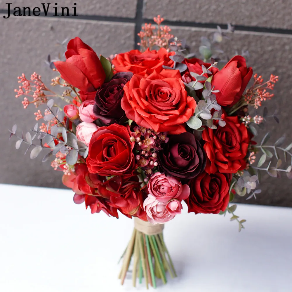 JaneVini Bruid Red Rose Wedding Bouquet Bride Artificial Flower Tulip Silk Bridal Bouquets Retro Bouqet Flowers Accessories 2021