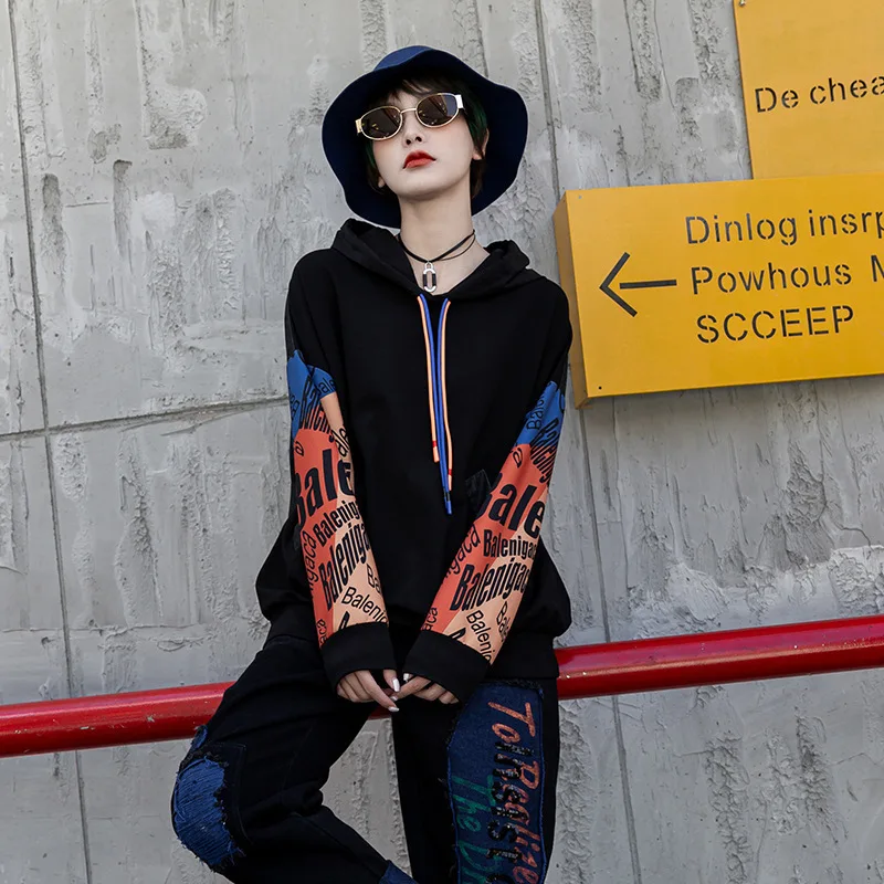 

Loose Pullover And Tops Female Highstreet Tops Long Sleeves Letter Printing Hoodies Loose Sweatshirt With Hat