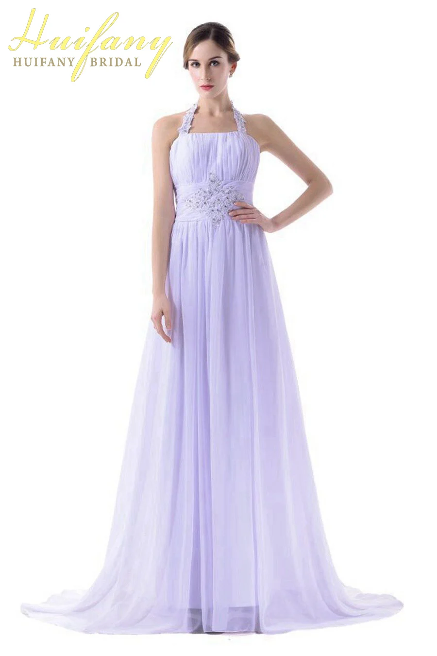 

2019 Halter Pleat Backless Bridesmaid Gown Sash Chiffon Dress for Maid of Honor Beaded Lace-up Long Wedding Party Dress