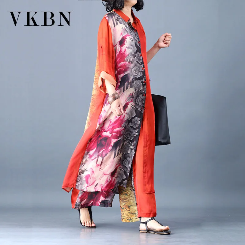 

VKBN Two Piece Set Women Dress and Pants Women Casual Turn-down Collar Elastic Waist Three Quarter Wide Leg Pants