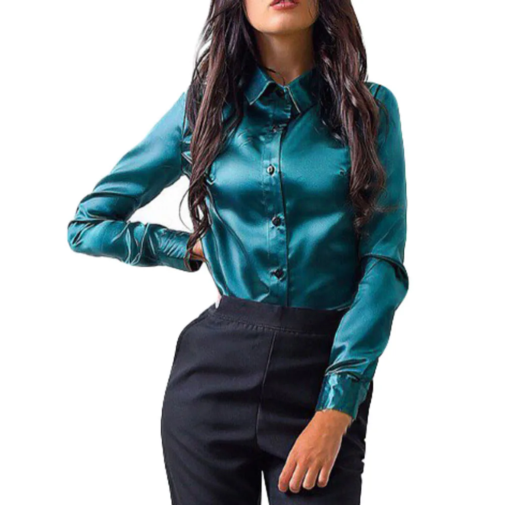 Женские блузки, рубашки для офиса, женские элегантные, высокого качества, шелковые, атласные, с длинными рукавами, на пуговицах, женские блузки топы, Blusas# YL5 - Цвет: Зеленый