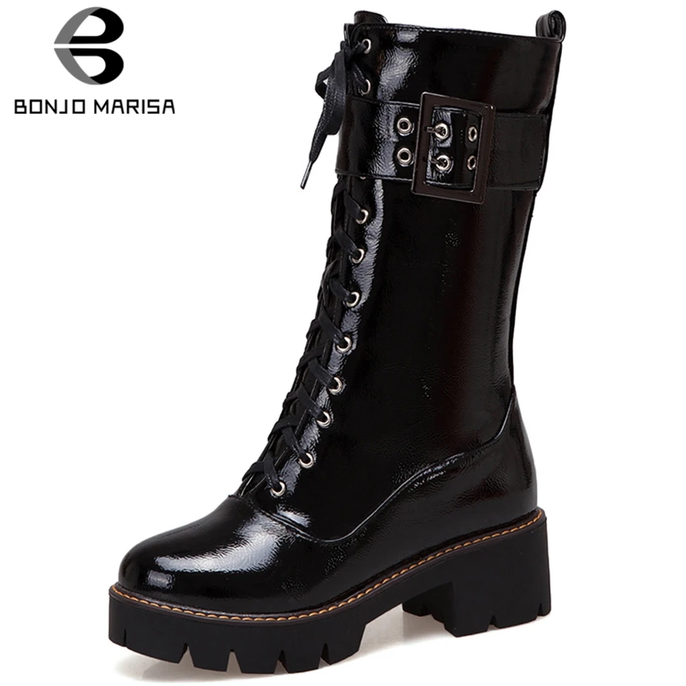 

BONJOMARISA Cool Lady Platform Mid Calf Boots Causal Chunky Heel Buckle Belt Boots Women 2020 Lace Up Fashion Woman Shoes