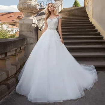 

Gorgeous Tulle Ball Gown Wedding Dresses Cap Sleeve Scoop Applique Beading Belt Wedding Gowns Vestido De Noiva Gelinlik