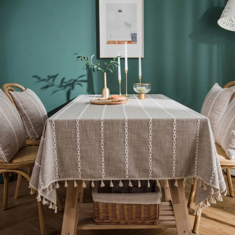 Striped grey tablecloth Tassel Table Cloth Rectangular imitation cotton Dining Table Cover mantel mesa coffee table home Decro