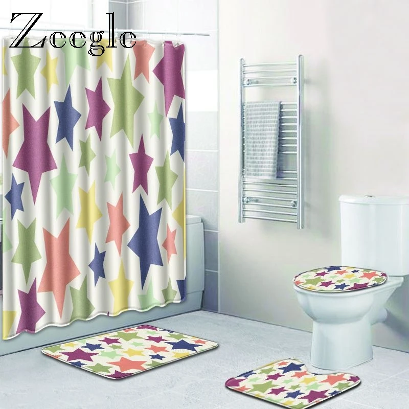 Zeegle Toilet Rug Set Waterproof Bathroom Shower Curtain Anti-slip Toilet Floor Rug Foot Mat Bath Decoration Carpet Bath Mat Set