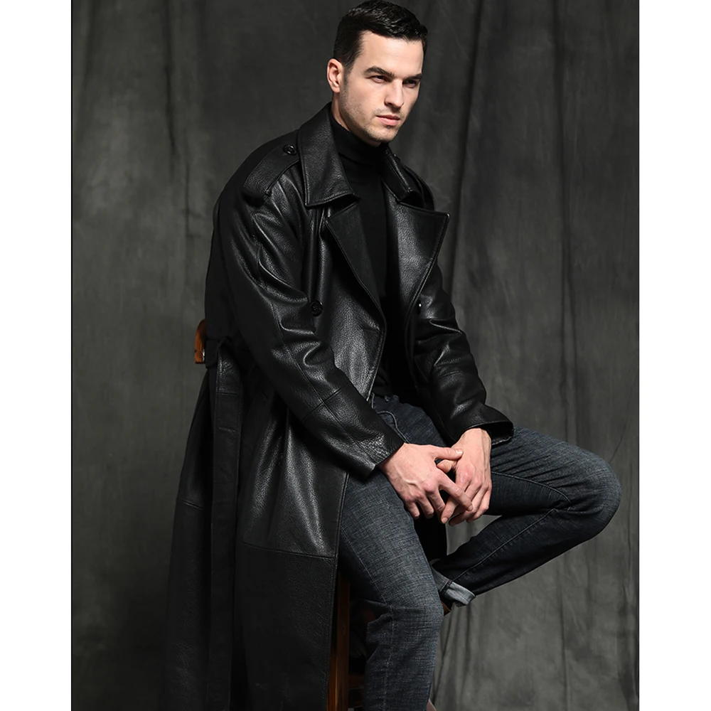 Abrigo largo de cuero genuino para hombre, ropa de lujo de alta