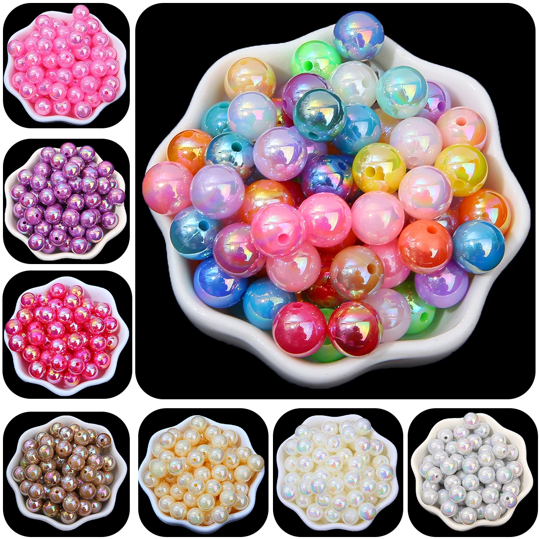 Plastic Beads 100Pcs Round AB Color Beads For Jewelry Making DIY Beautiful Plating Plastic Pearl Beads Loose Spacer Bracelet Necklaces DIY ABS
