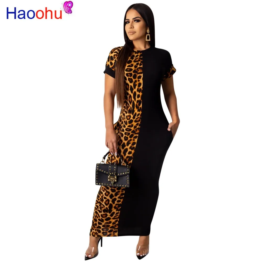 

HAOOHU Leopard Print Maxi Dress Short Sleeve Bodycon Dress with Pockets Women Clothing Vestidos Casual Elegant Ladies Dresses