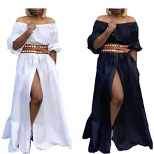 Женское летнее платье с открытыми плечами и высоким разрезом, рукав-фонарик, макси платье, сексуальные вечерние длинные платья для клуба