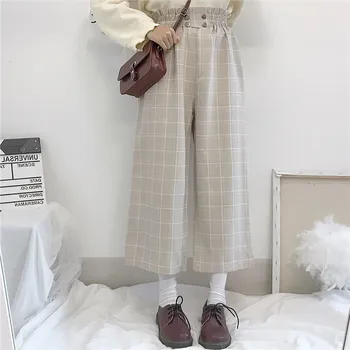

Plaid Casual pants Female 2019 Autumn New Japanese Retro Loose High waist thin Students Nine pants Wide leg pants College style