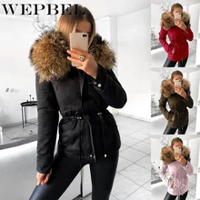 WEPBEL Women Parka Solid Color Full Sleeve Fur Hooded Zipper Slim Winter Warm Thick Casual Fashion New Ladies Parkas