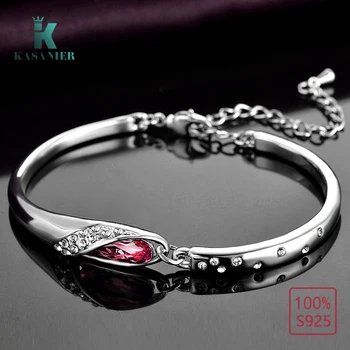 

Elegant Women 925 Sterling Silver Crystal Bracelets Friendship Armbanden Bangle Fairy Water Drop Red / blue Crystal Bracelets