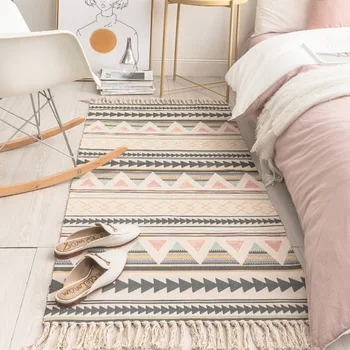 

Cotton and Linen Tassel Woven Carpet Floor Mat Door Bedroom Tapestry Decorative Blanket Tea Living Room Carpet Area Rug