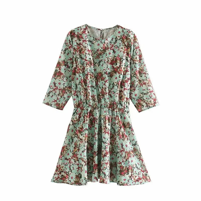 

2020 Autumn New Style Western Style Crew Neck Flower Printed Waist Hugging Short Dress WOMEN'S Dress