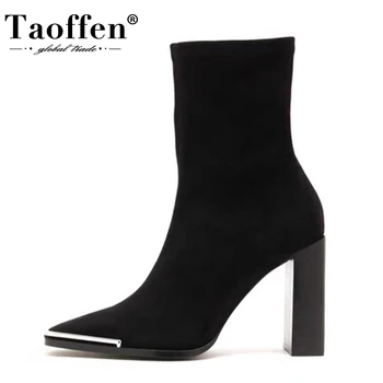 

Taoffen Woman High Heel Boots Patent Leather Square Toe Woman Winter Ankle Boots Fashion Cool Shoes Woman Footwear Size 34-40