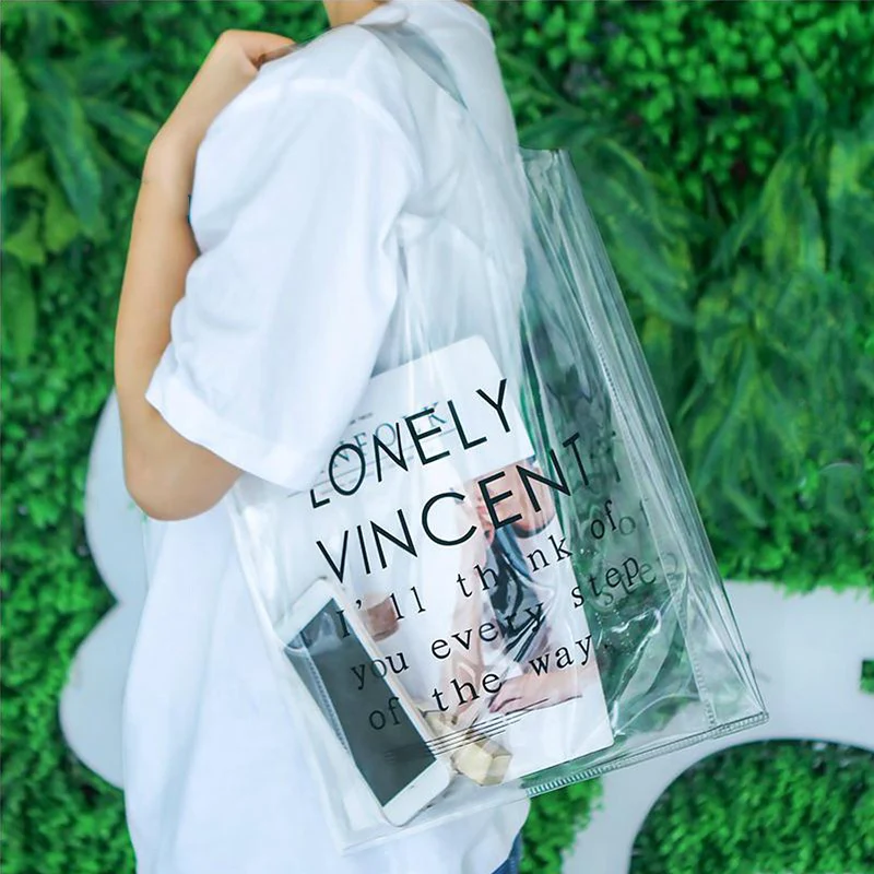

Transparent Handbag for Shopping Travel Work Daily Use with Chain Purse Women Girl Clear PVC Beach Shoulder Bag Women Bags