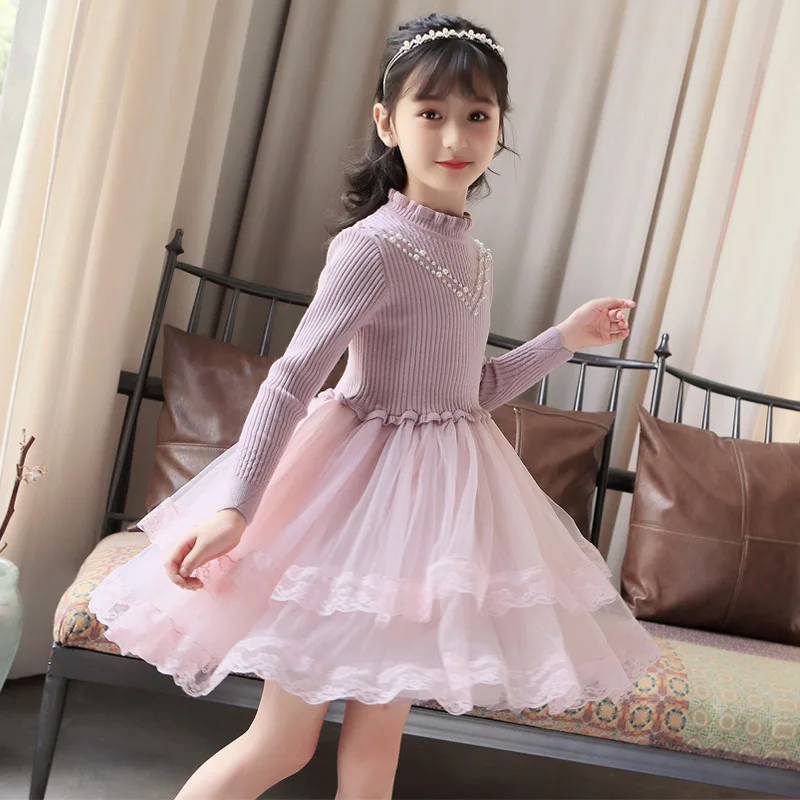 

Children Sweater Dress Spring, Autumn And Winter Newgrand Child-Style Fashion Goods Versatile Lace Brushed And Thick Yarn Dress