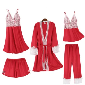 

5 Pcs Nightgown Suit Women Embroidery Lace Sexy Silk Robe Sets Thin Section with Chest Pad Lingerie Mini Dress Home Clothes