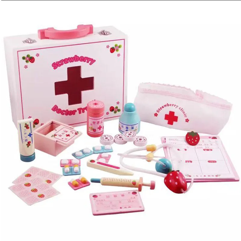 

Wood Children Model Medical Kit Toy Sets GIRL'S Doctor Character to Play Nurse Play House Medicine Box