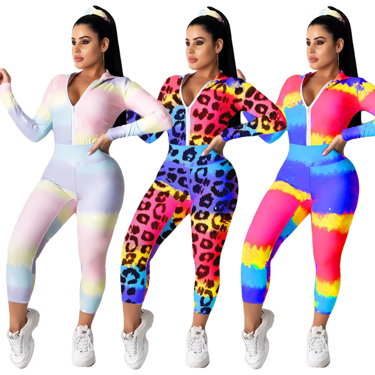 

Spring Autumn Tracksuit Two Pieces Set For Women Fashion Casual Leopard Printed Hooded Jacket Coat&Pencil Pants For Gym Fitness