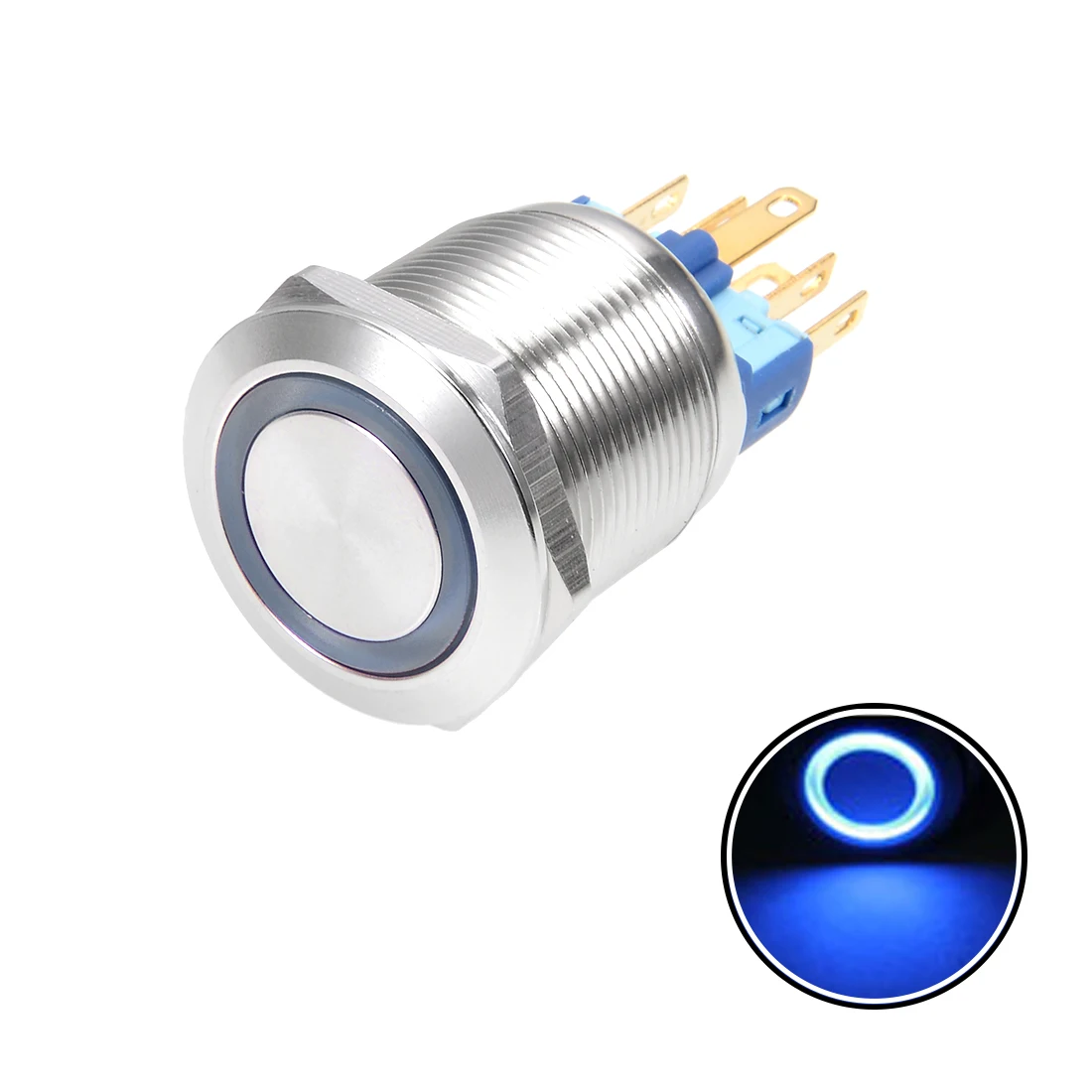 

uxcell Latching Metal Push Button Switch 22mm Mounting Diameter 5A 1NO 1NC 220V Blue LED Light Flat Head