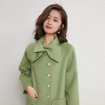 

Sweet bow-tied wool coat medium long double-faced wool coat autumn/winter 2020 Women's clothes