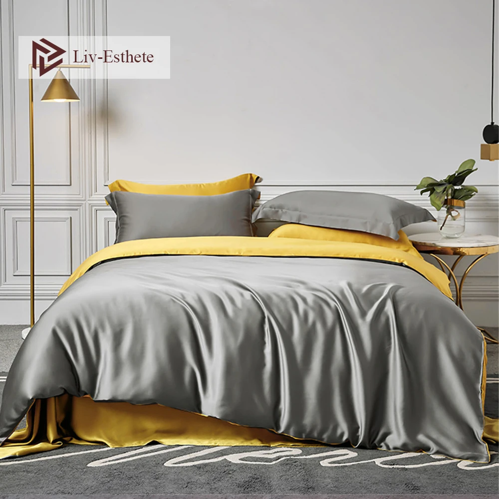 

Liv-Esthete Luxury Gray Yellow 100% Silk Bedding Set 25 Momme Duvet Cover Flat Sheet Fitted Sheet Pillowcace Queen King Bed Set