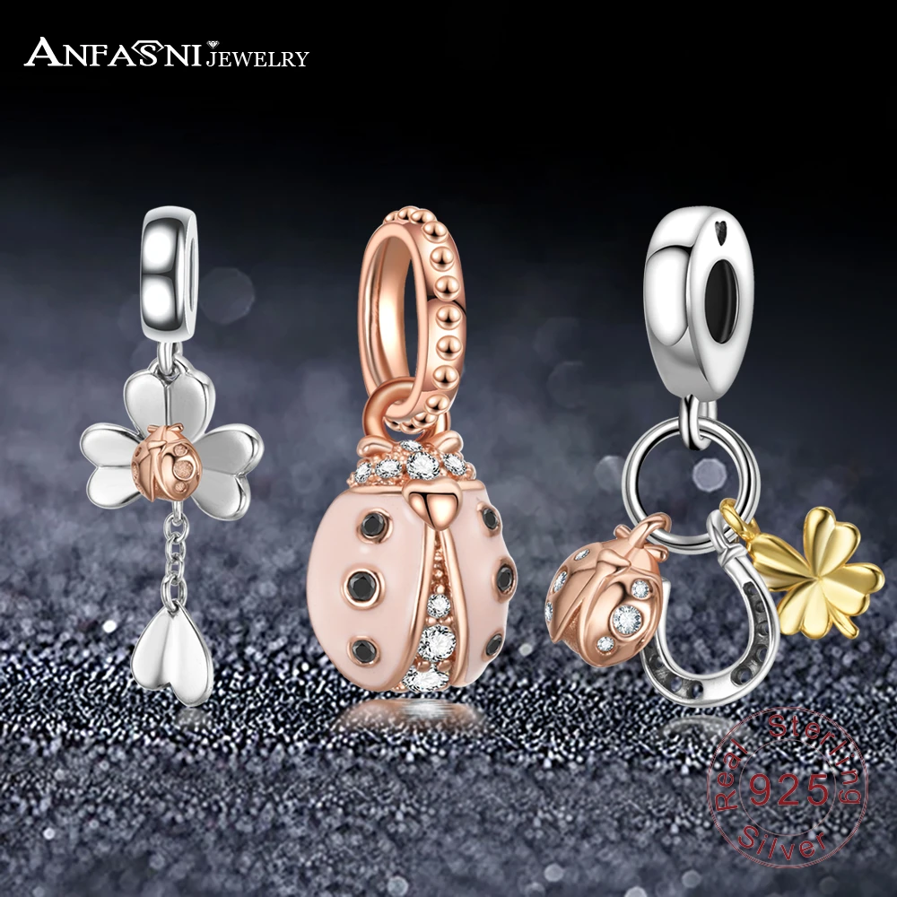 

ANFASNI 100% Real Sterling Silver Charm Beads Rose Clover & Ladybird Pendant Charm Fit Pandora Bracelet 925 Sterling Silver Bead