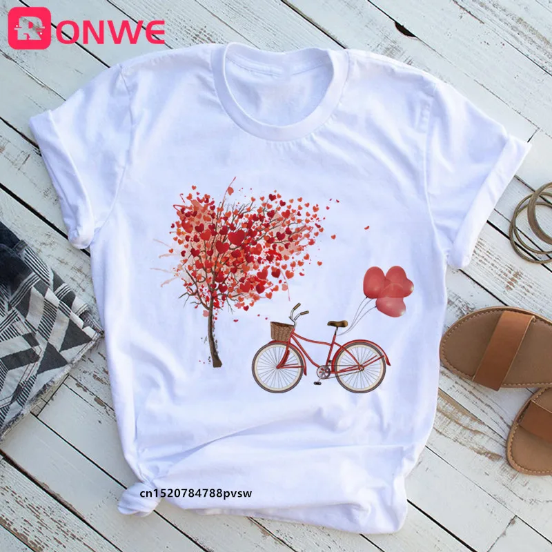 

Women Bicycle Flower Heart Fashion T Shirt Girl Harajuku Korean Style Graphic Tops Valentine's Day Female T-shirt,Drop Ship