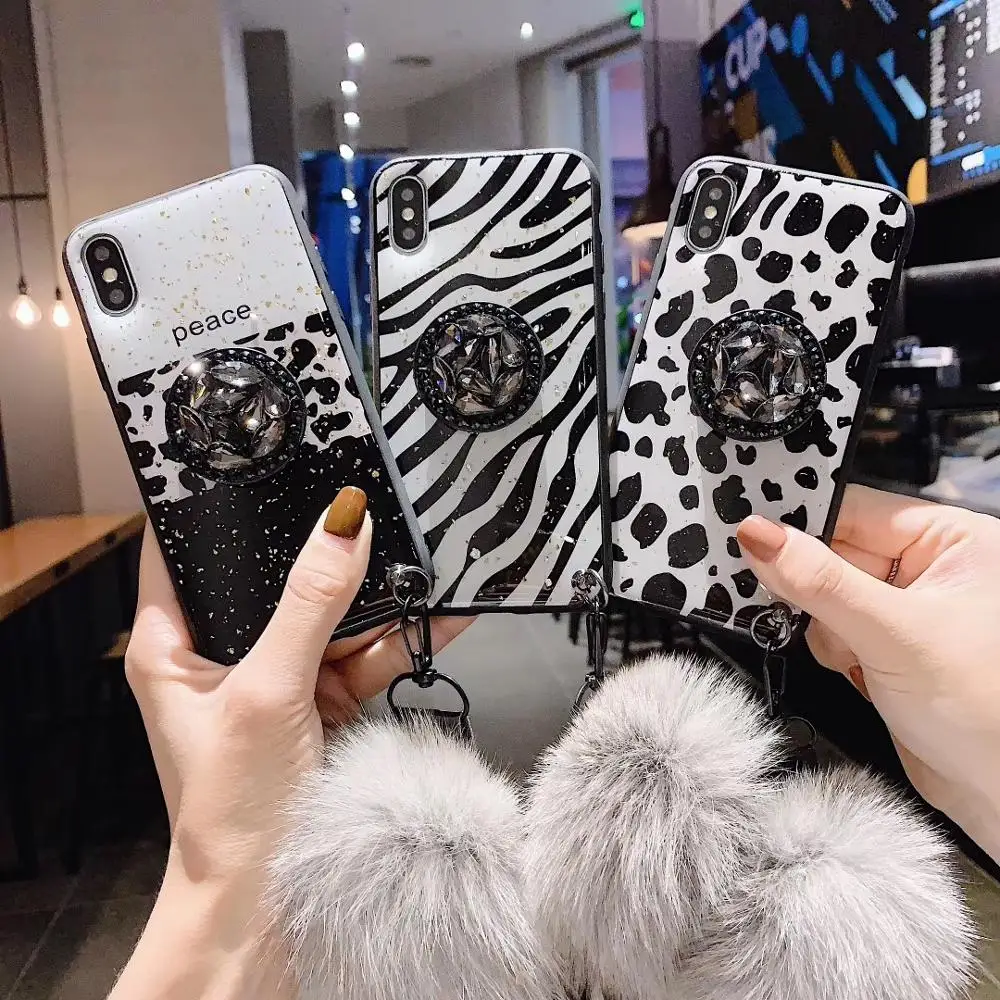 

Luxury diamond Leopard Phone Case for iPhone XR X XS XSMax 6 6s 7 8Plus holder Soft fuzzy hairy Phone Shell Cover Coque Capa