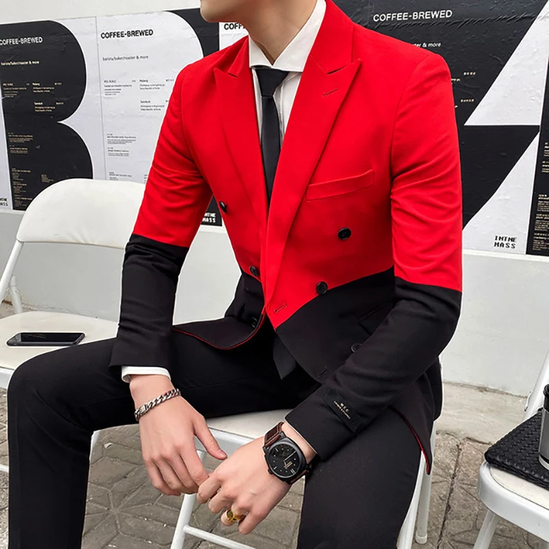 

2020 New Dinner Party Suit Red Black Men Suit Double Breasted Wedding Suit Bespoke Suit 2 Pieces Groom Tuxedos (Jacket +pants)