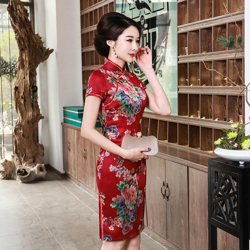 Китайский шелк Чонсам печати короткое платье для женщин Тонкий Мини Qipao банкетное платье Китайский традиционный Ципао парча Чонсам