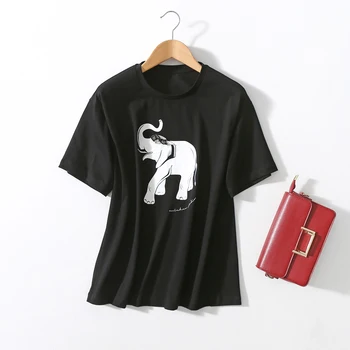 

2020 New Short Sleeve T-shirts Ladies O-neck Elephant Beading Tees Tops S/M/L