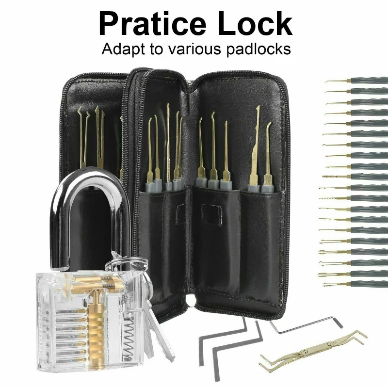 24Pcs Unlock Unlocking Pick Tools Set Key Extractor And Transparent Practice Padlock Household Tools