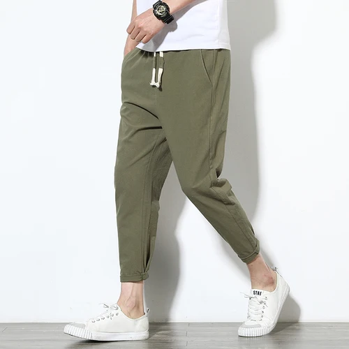 Army green Льняные хлопковые летние популярные повседневные брюки, мужские тонкие брюки длиной до щиколотки, мужские свободные дышащие модные штаны - Color: Army green