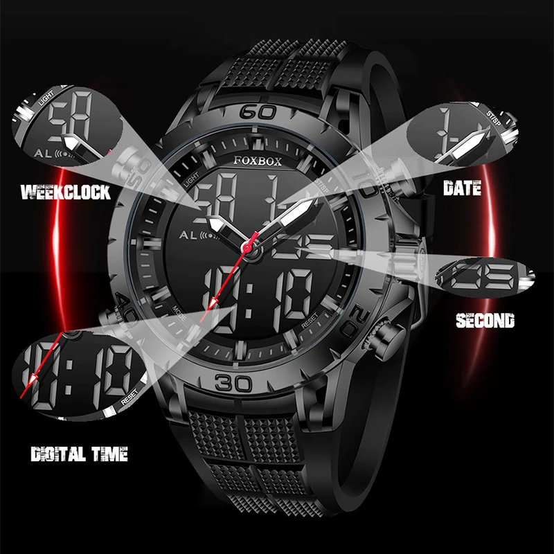 FOXBOX Mens Watches Sports Top Brand Luxury Dual Display Quartz Watch Men Military Waterproof Clock Digital