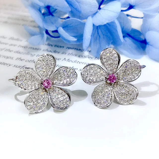 Huitan Pink Color Girl's Lovely Stud Earrings Fashionable Versatile Jewelry High Quality Silver Color Flower Earrings for Women 1