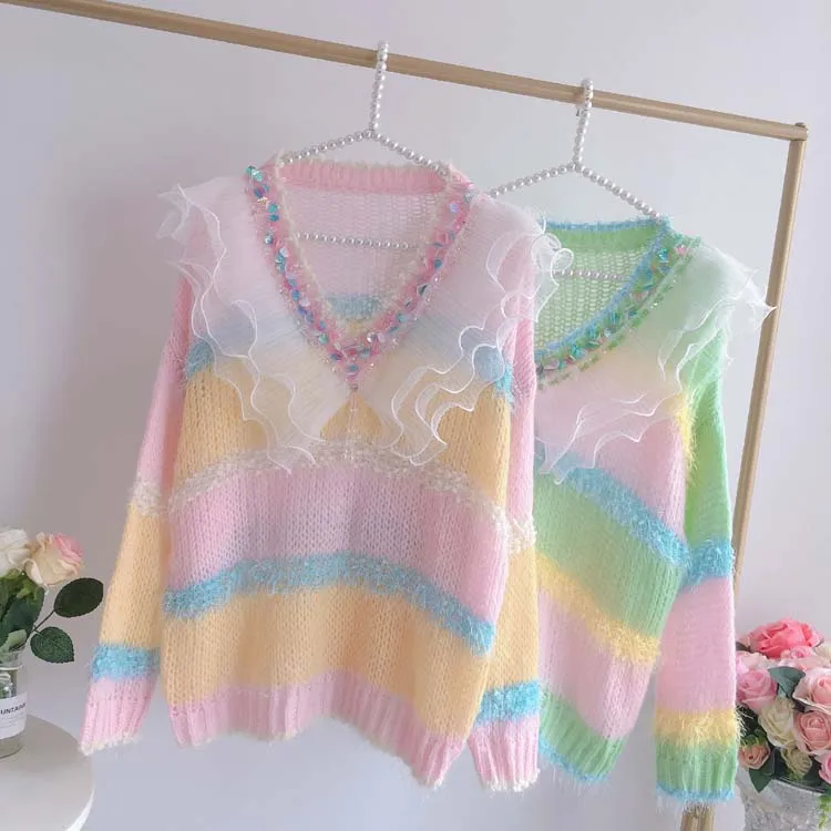 Rainbow Sweater Womens V-collar Sequins Beads Pleated Ruffles Hollow Knitted Girls Lady Streetwear Jumper Loose | Женская одежда