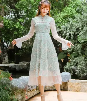 

High Quality 2019 Autumn New Arrival Chinese Style Stand Collar Flare Sleeve Flower Embroidery Woman Long Gauze Dress