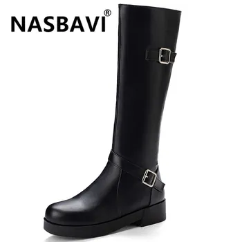 

2019 new Autumn winter Women boot Knee High Martin Boots mid Heel round head Solid color Punk Long Boots buckle Plus Size 34-43