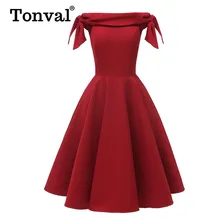 Tonval Tie Sleeve Fit y Flare Vintage fiesta noche rojo Swing Vestido Mujer salir elegante fuera del hombro glamoroso Sexy vestidos