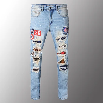 

New Men Jeans Luxury Men's Plus Size Badge Patches Ripped Jeans Slim Skinny Patchwork Holes Distressed Stretch Denim Pants 40