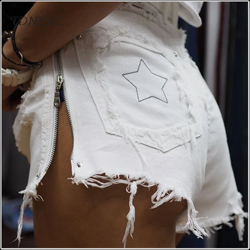 

Sexy White Side Zipper Ripped Hole Jean Shorts Women Summer Low Waist Short Mini Torn Denim Shorts New Spodenki Damskie Jeansowe