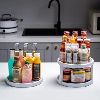 

Kitchen Turntable Spice Organizer 2-Tier Non-Skid Seasoning Rack Cabinet Storage Bin for Pantry Refrigerator Drinks Bathroom
