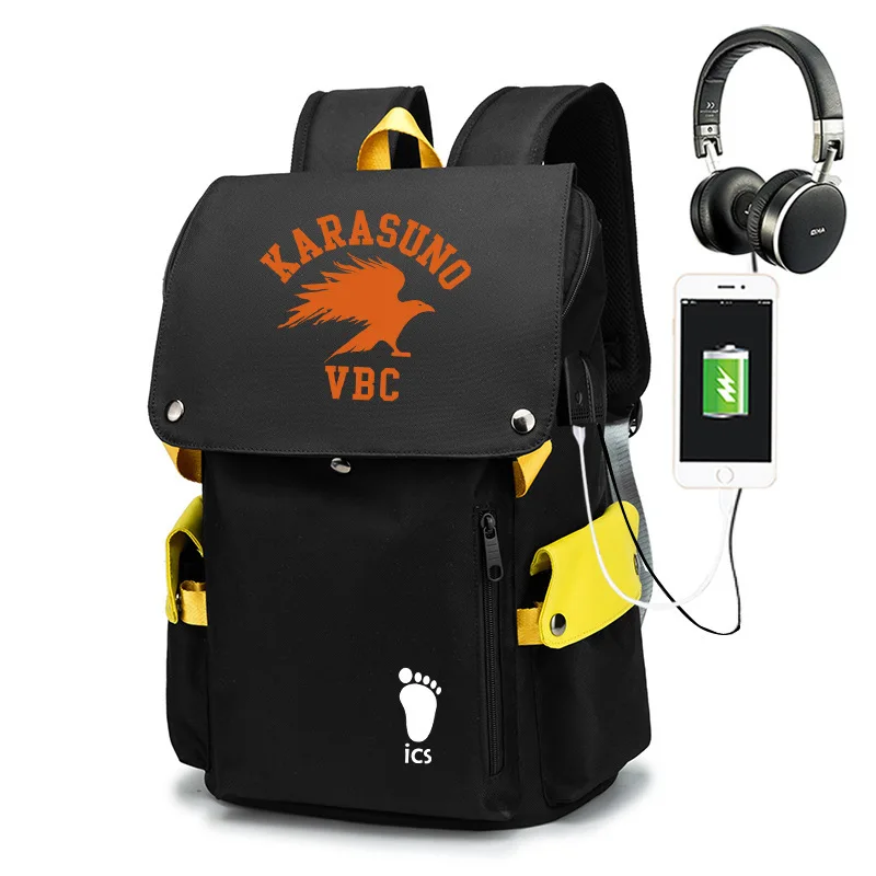 

Haikyuu High School Volleyball Club USB Port Book Bag Backpack Zipper Rucksack Anime Student School Computer Bag Travel Mochila