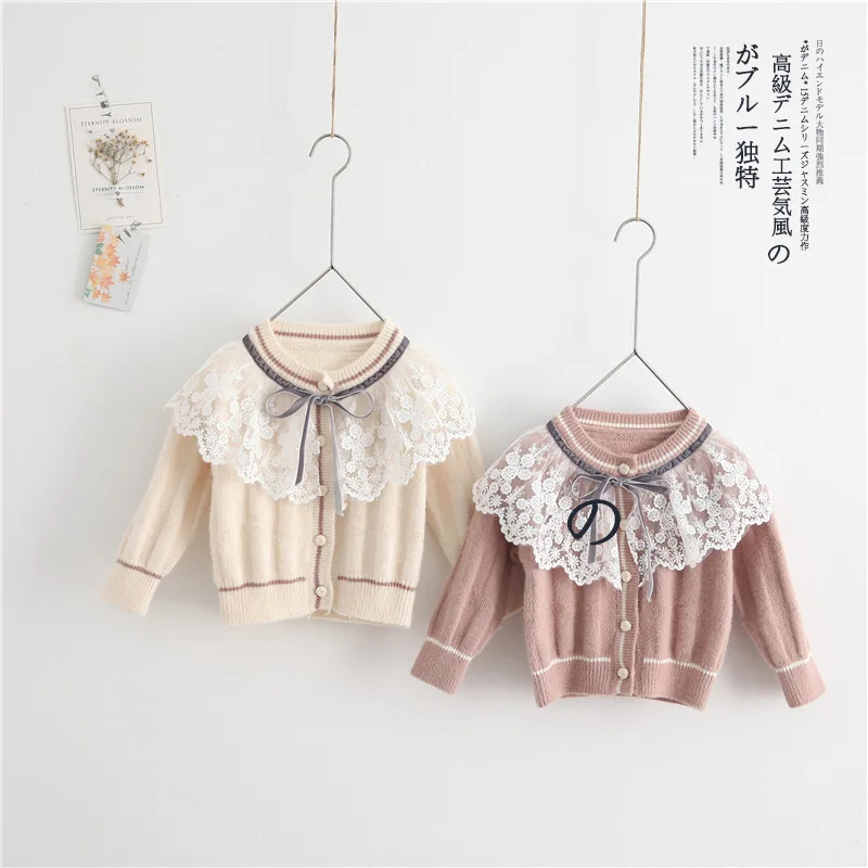 

Baby Girls Sweater Casual Girls Cardigan Spring Autumn Thin Long-Sleeve Hollow Cotton Knitting Children Sweater Lace V-Neck