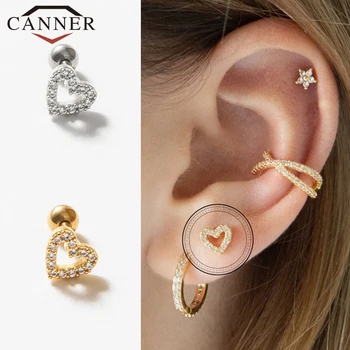 

CANNER 1 pair 100% Real 925 Sterling Silver Stud Earrings for Women Love Heart Crystal Zircon Earring Piercing Earings Jewelry