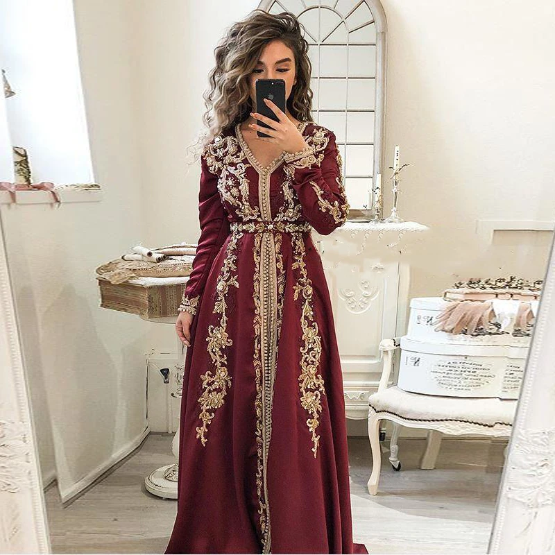 

Eightale Caftan Evening Dress V-Neck Appliques Gold Long Sleeves Satin Muslim Arabic Dubai Prom Dress Party Gown robe de soire