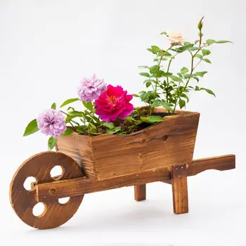 

Vintage Wooden Cart Trolley Flower Pot Succulent Plant Potted Bonsai Home Decor